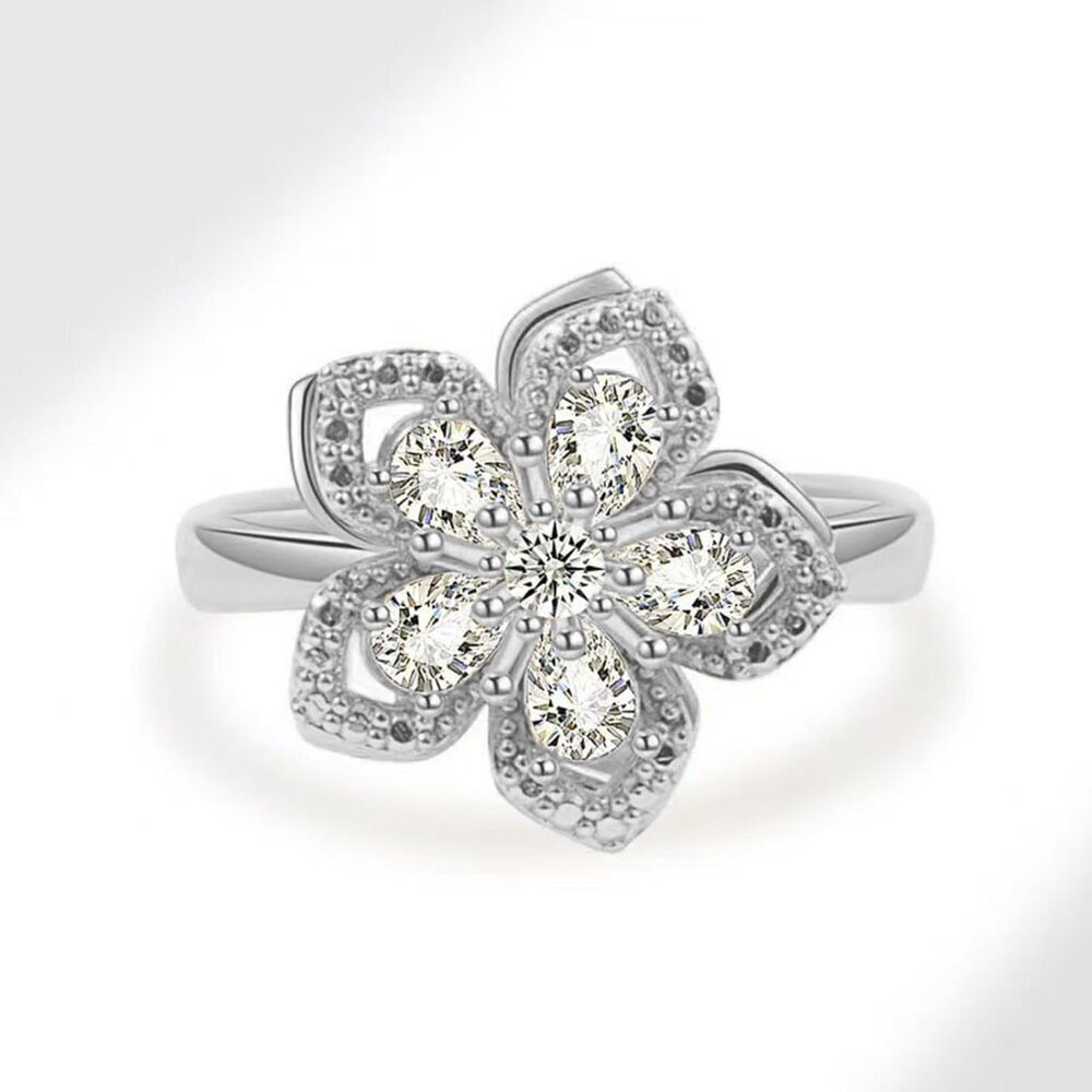 Women Flower Fidget Silver White Set2 Necklace Rotatable Crystal Blossom Pendant - Picture 4 of 7